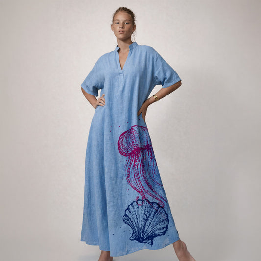 Long caftan with 3/4 sleeves Marea - light blue