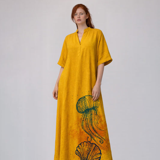 Long kaftan 3/4 sleeves Marea - mustard