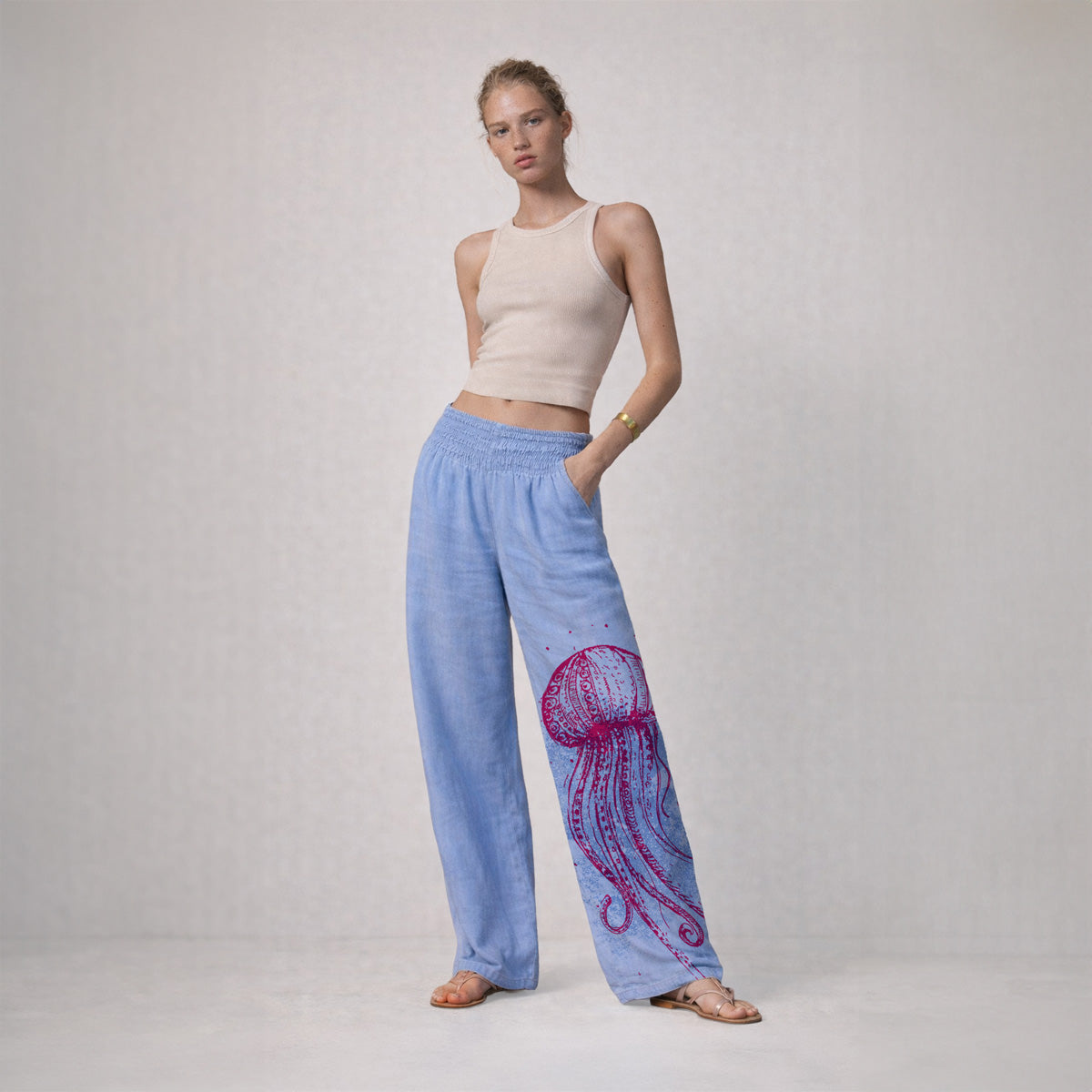 Wide trousers with shirred waist Marea - light blue