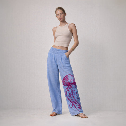 Wide trousers with shirred waist Marea - light blue