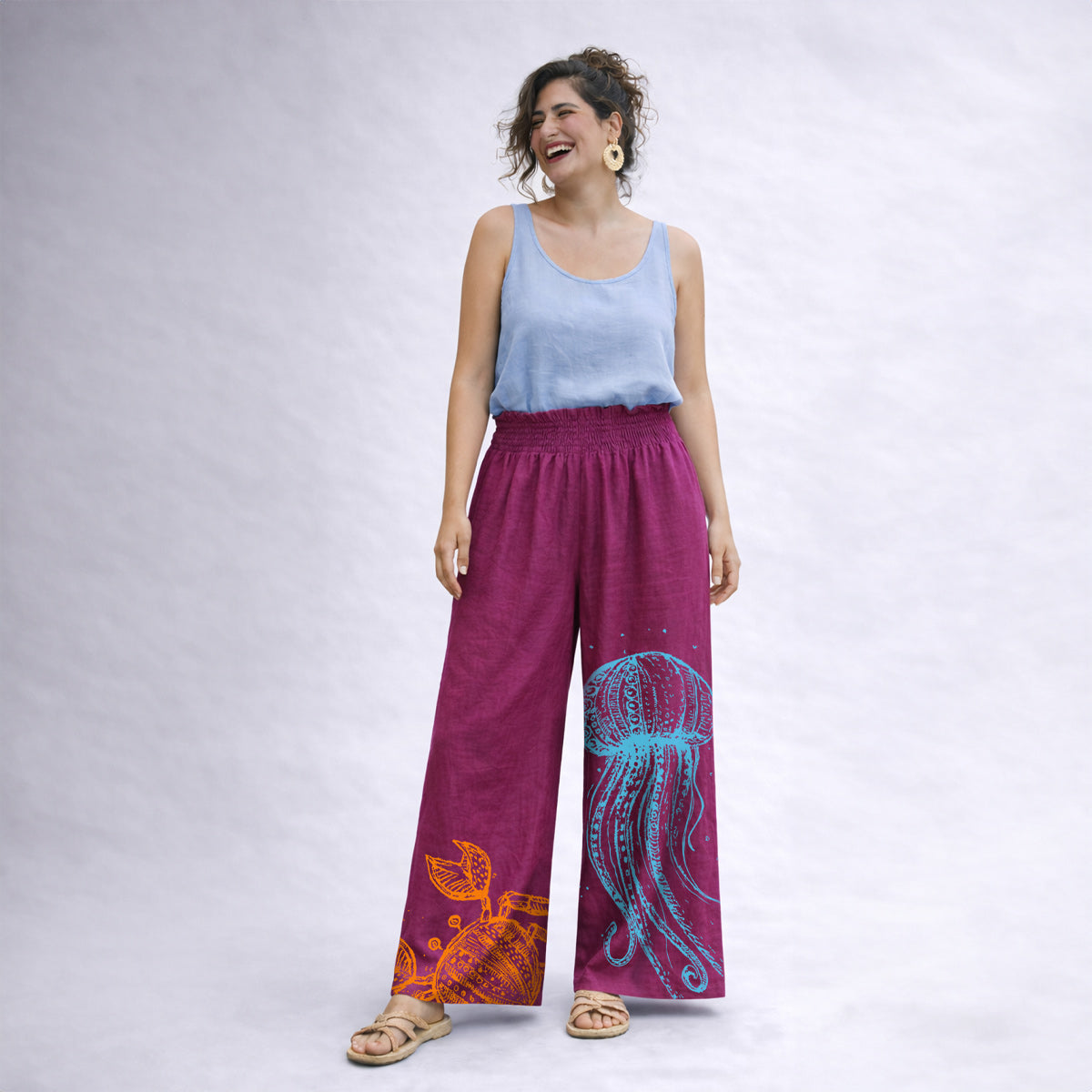 Marea Wide Leg Trousers with Ruffle Waist - Cyclamen
