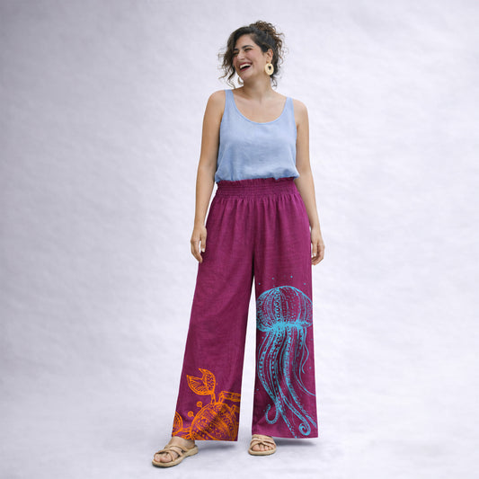Marea Wide Leg Trousers with Ruffle Waist - Cyclamen