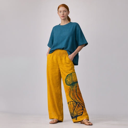 Wide-leg trousers with ruffled waist - Marea - mustard