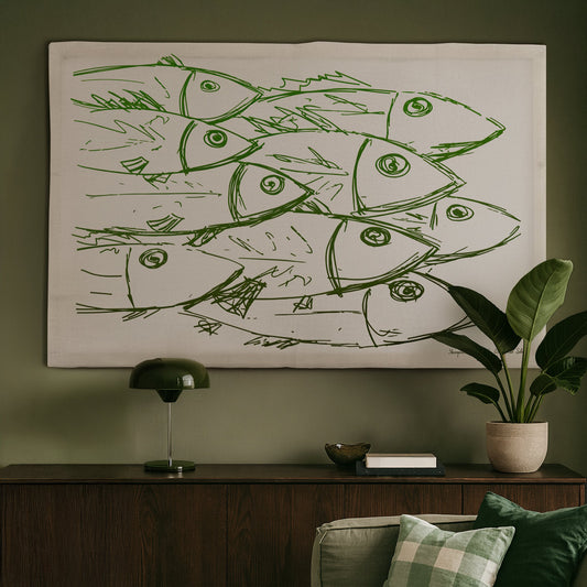 Arazzo Pescheria verde su sfondo bianco