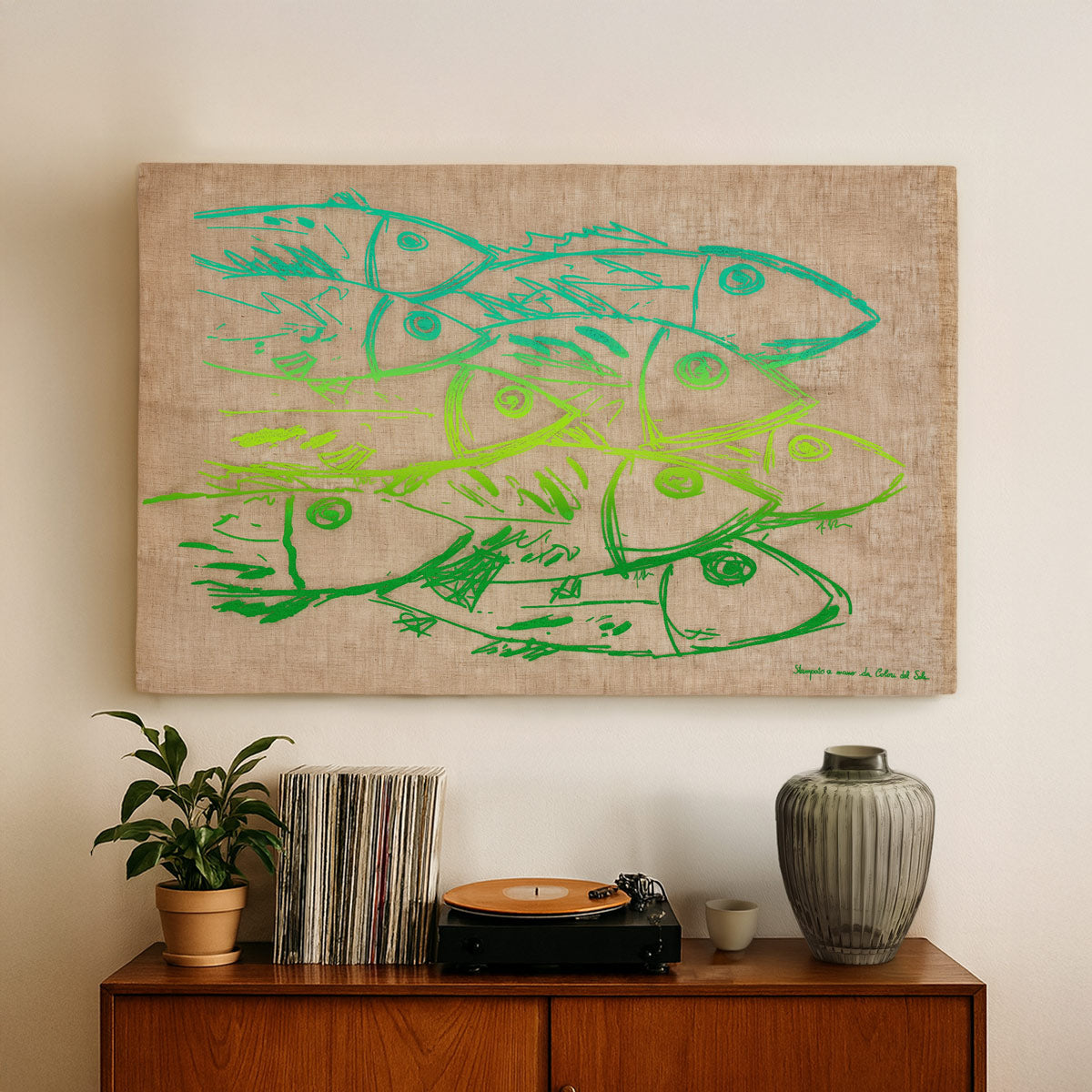 Arazzo Pescheria verde su sfondo écru